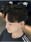 韓国へアカルマパーマワックスなしセンターパート黒髪ウルフ