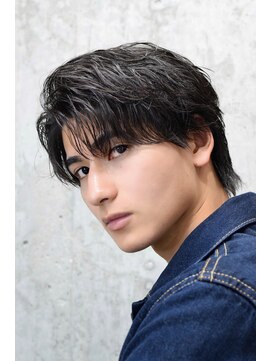 メンズオルズ 渋谷(MEN'S ALLZ) フェザーパーマセンターパートウルフ黒髪ニュアンスパーマ