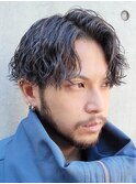 原宿ツイストスパイラルパーマメンズカットオールバック30代黒髪