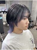 メンズマッシュウルフ×インナーカラー　ブルーシルバー