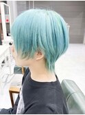 水色カラーツーブロックマッシュ ロングウルフハイライト