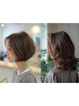 暗めの髪色でも美しい透明感を叶え、髪の再生ケアでみずみずしい質感に♪大人女性のグレイカラーもお任せ◎