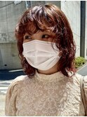 △癖毛風ウルフパーマウルフカットレイヤーカットチェリーレッド