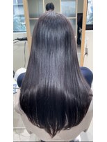 アム 表参道(am) 小顔薄めバンググレージュレイヤーロング前髪パーマ黒髪