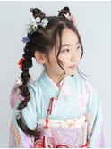 七五三7歳振袖お団子ツイン編み下ろしヘアアレンジ/卒業式代々木