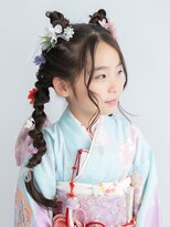 七五三7歳振袖お団子ツイン編み下ろしヘアアレンジ/卒業式代々木