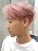 韓国メンズピンクベージュミルクティーカラーセンターパートヘア