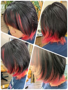 クリア 美容室 韓国レッドインナーカラー☆赤髪ボブウルフ