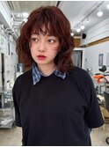 くるくるパーマミディ×暗髪暖色カラー