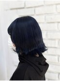 ブルーブラック韓国カラーアッシュ切りっぱなしボブぱつっとボブ