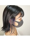 黒髪透け感バングナチュラルイヤリングカラーフラッフィーボブ