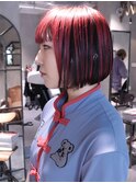 前下がりボブ　ポイントブリーチ  レッド　ダブルカラー