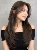 ブラウンベージュ ロングレイヤー 顔周りレイヤー 韓国ヘア