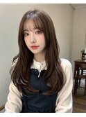 小顔薄めバンググレージュレイヤーロング前髪パーマ黒髪
