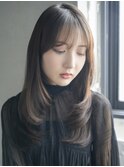 韓国ヘア顔周りレイヤーロングオリーブベージュ_F20213