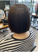 縮毛でぱっつんボブ30代40代小顔ショートボブ透明感暖色系