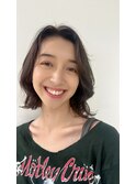 くすみベージュカラー/外ハネくびれボブカット/前髪なし小顔ボブ