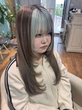 ミラシィ 稲毛(Mirashy) ミントカラー×チョコカラー×プルエクステでデザインロングヘア