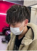 ハイライトツイストパーマアップバング短髪メッシュ