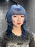 ブルーブラックルーツデザインカラー×ミディアムウルフ