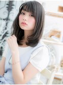 シースルーバング黒髪小顔レイヤーミディアムc5越谷20代30代40代
