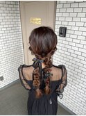 編みおろし ツインアレンジ  リボン 参列ヘア 推し活ヘア