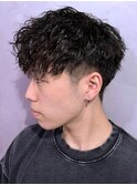ツイスパ ゆるめパーマ ツーブロック マッシュ 黒髪