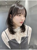 グレージュブラウン/ミディアムレイヤー/韓国巻き/顔周りカット