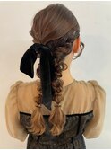 編みおろしツイン　ヘアセット　リボン　結婚式　お呼ばれ　20代
