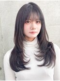 グレージュブラウン/ミディアムレイヤー/韓国巻き/顔周りカット