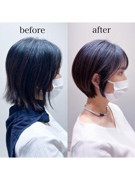 リュドール 栄(Rue D’or) 暗髪ブラックシースルー前髪耳掛けスタイルナチュラル