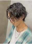 調布メンズボブサーフカール波巻きパーマセンターパートウルフ