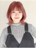 くびれミディアムにシースルーバング x ダスティピンク