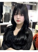 エアリーロング韓国レイヤーシースルーバング黒髪アッシュカラー