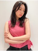 小顔カット黒髪デジタルパーマネビージュワンレンひし形ボブルフ