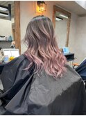 バレイヤージュ、ハイライト、レイヤーロング、グレーベージュ