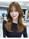 マレットヘアネイビーバタフライカットヘーゼルブラウン前髪