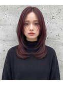 小顔暗めボルドー色艶ミディアム顔周り人気レイヤーカット韓国風