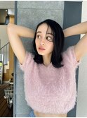 暗髪サラツヤミディ 前髪なしやわらかストレートヘア小顔