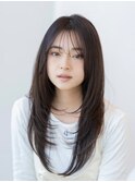 20代30代小顔くびれレイヤーカット×オリーブベージュ黒髪前髪