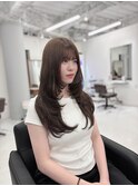 シャギーレイヤー レイヤーロング ぱっつん前髪 オリーブグレー