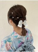 浴衣ヘア　ミディアム　推し活　ポニーアレンジ　編み込み