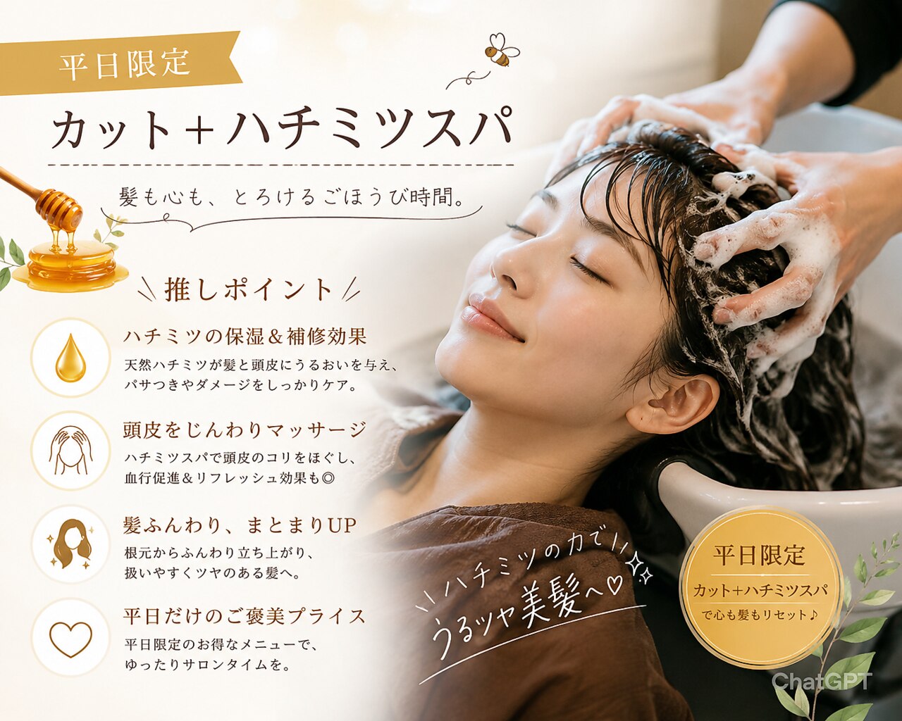平日限定ご褒美クーポン》カット＋はちみつスパ\8800→\7700