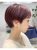 赤髪 ハンサムショート シースルーバング ピンクヘアー ウェット