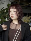 ワイドバングレッドブラウンパープルレッドオン眉レイヤーカット