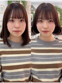 内巻きボブグレージュ切りっぱなしイメチェン美髪ワイドバング
