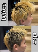 金髪スパイキーショートビフォーアフター理容室バーバー