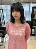 △大人可愛い癖毛風ミディアムパーマレイヤーパーマ黒髪パーマ