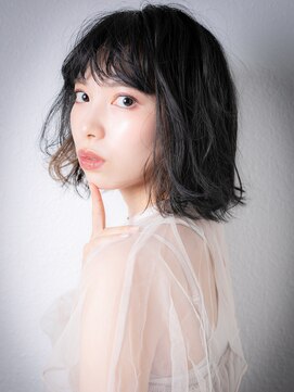 カバーヘア イヴ 戸頭店(COVER HAIR EVE) イヤリングカラー外ハネカール黒髪小顔ボブパーマz戸頭20代30代