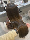 小顔セミウェットウェーブ　ピンクベージュハイライトカラー